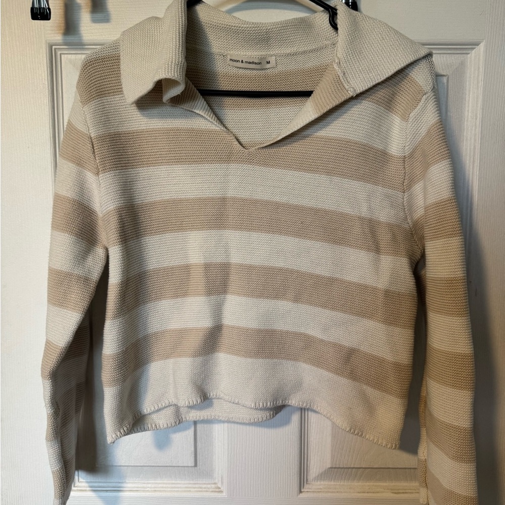 Madewell Cream and Tan V-Neck Sweater with Knit Stripes